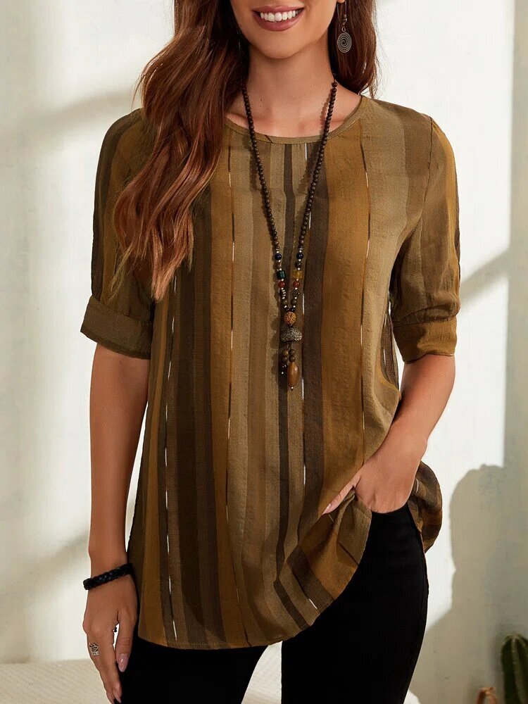 Stripe Print Round Neck Half Sleeves Shirts