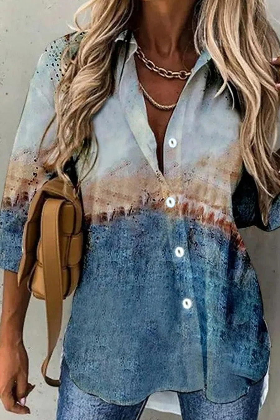 Abstract Print Lapel Buttons Long Sleeves Blouse